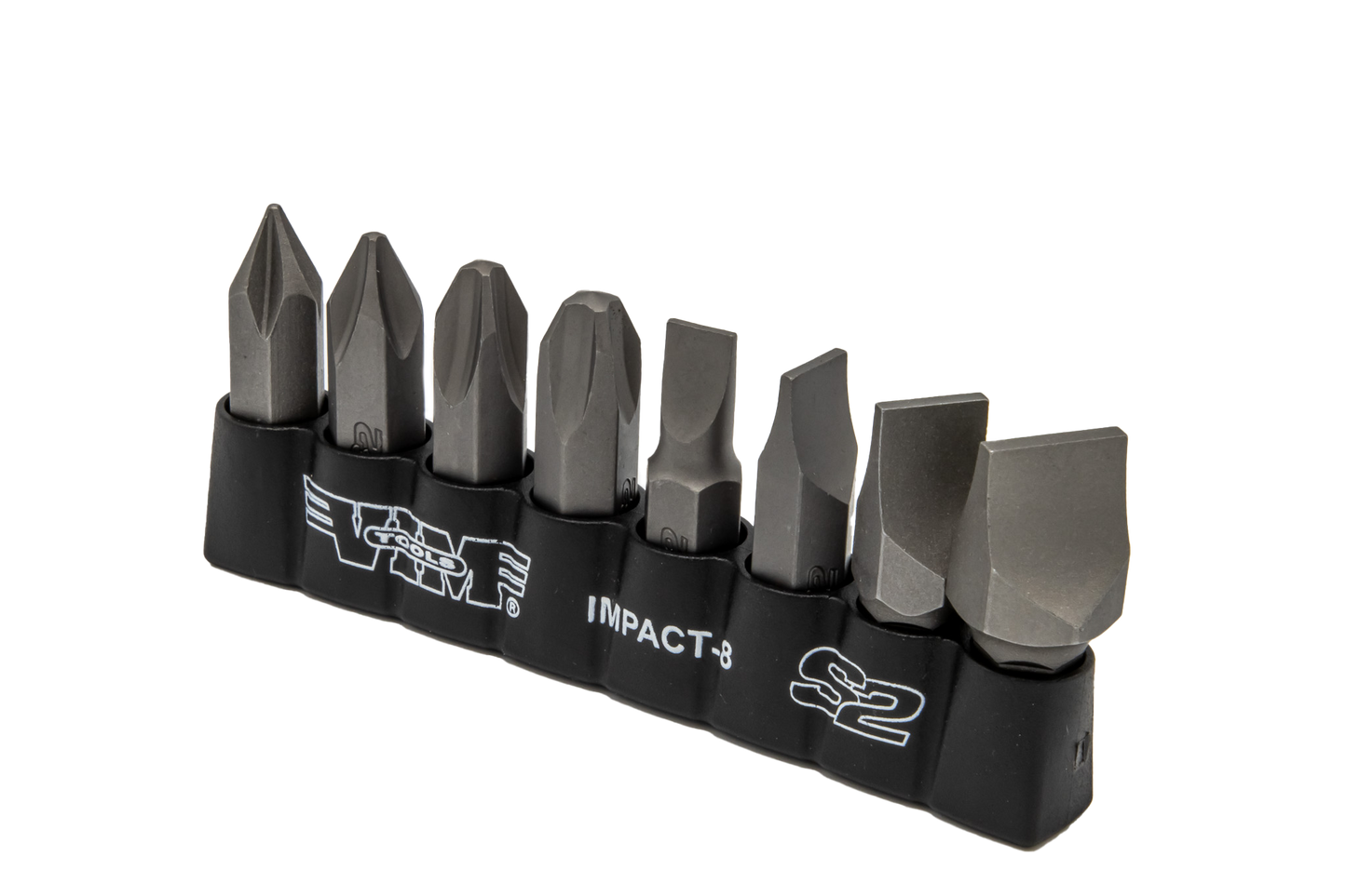 VIM Tools - Impact Quality S2 Bit Set, 8 pc Bits 5/16″ Hex bodies, 1.25″L, P1-P4 Phillips & Flat Tip
