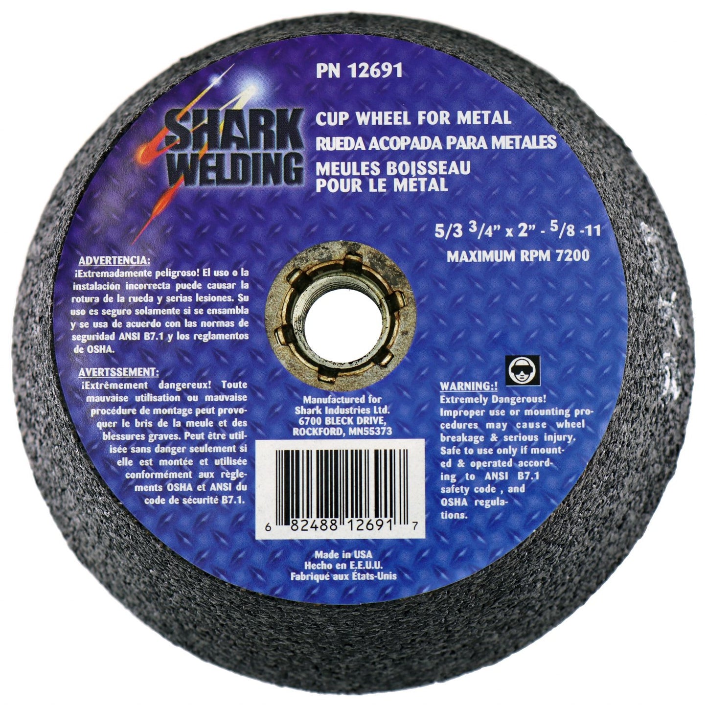 Shark Industries - Type 11 Coarse Cup Style Grinding Wheels – 4/3″, 5/3″, and 6/4″ Diameters x 2″ Height x 5/8-11 NC Arbor