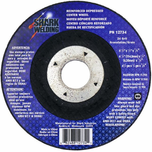 Shark Industries - 4.5″ Type 27 Aluminum Oxide Grinding Wheels Depressed Center – Hubless, 24 Grit. 4.5″ x 1/4″ x 7/8″