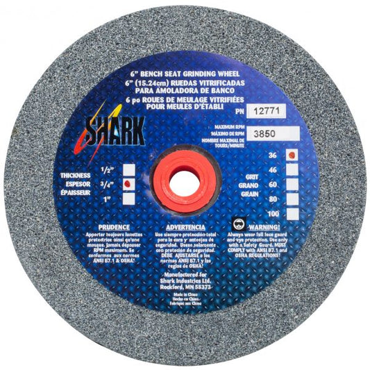 Shark Industries - Bench Seat Grinding Wheel – Size 6″ x 3/4″ Thick x 1″ Arbor – 36 Grit, 60 Grit, 80 Grit – Aluminum Oxide