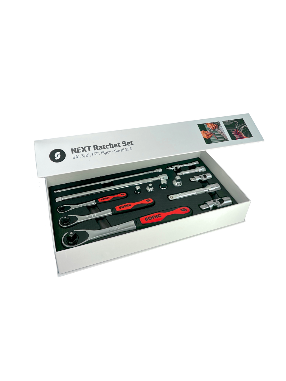 Sonic Tools - NEXT Ratchet and Extension Set, 1/4", 3/8", 1/2", 15-PC - Small SFS