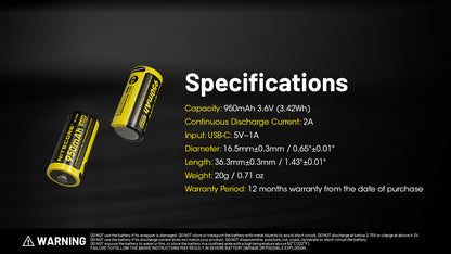 Nitecore NL169R 950mAh Rechargeable RCR123 16340 Battery with USB-C Charging Port