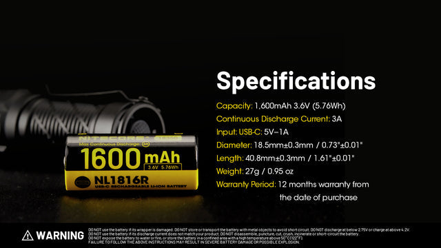 Nitecore NL1816R 1600mAh USB-C Rechargeable Battery, Customized for MT1C Pro