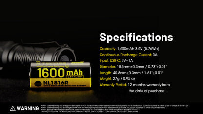 Nitecore NL1816R 1600mAh USB-C Rechargeable Battery, Customized for MT1C Pro