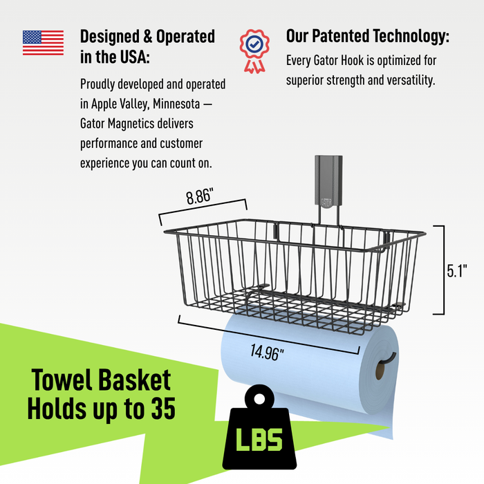 Gator Magnetics - Utility Magnetic Basket with Towel Bar - Holds up to 35 lbs