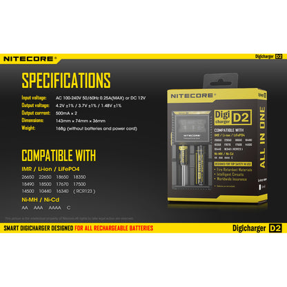 Nitecore D2 Digicharger Universal Charger 18650 RCR123A 17650 17670 14500 AA AAA