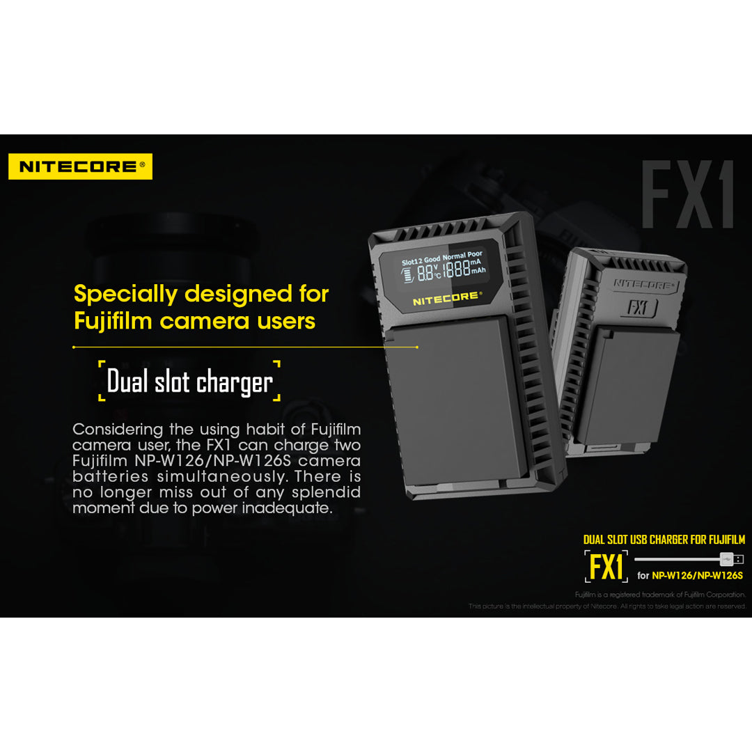 Nitecore FX1 Digital USB Travel Battery Charger for Fujifilm NP-W126 and NP-W126S Batteries
