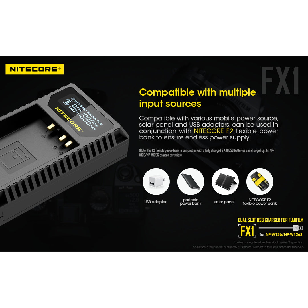 Nitecore FX1 Digital USB Travel Battery Charger for Fujifilm NP-W126 and NP-W126S Batteries