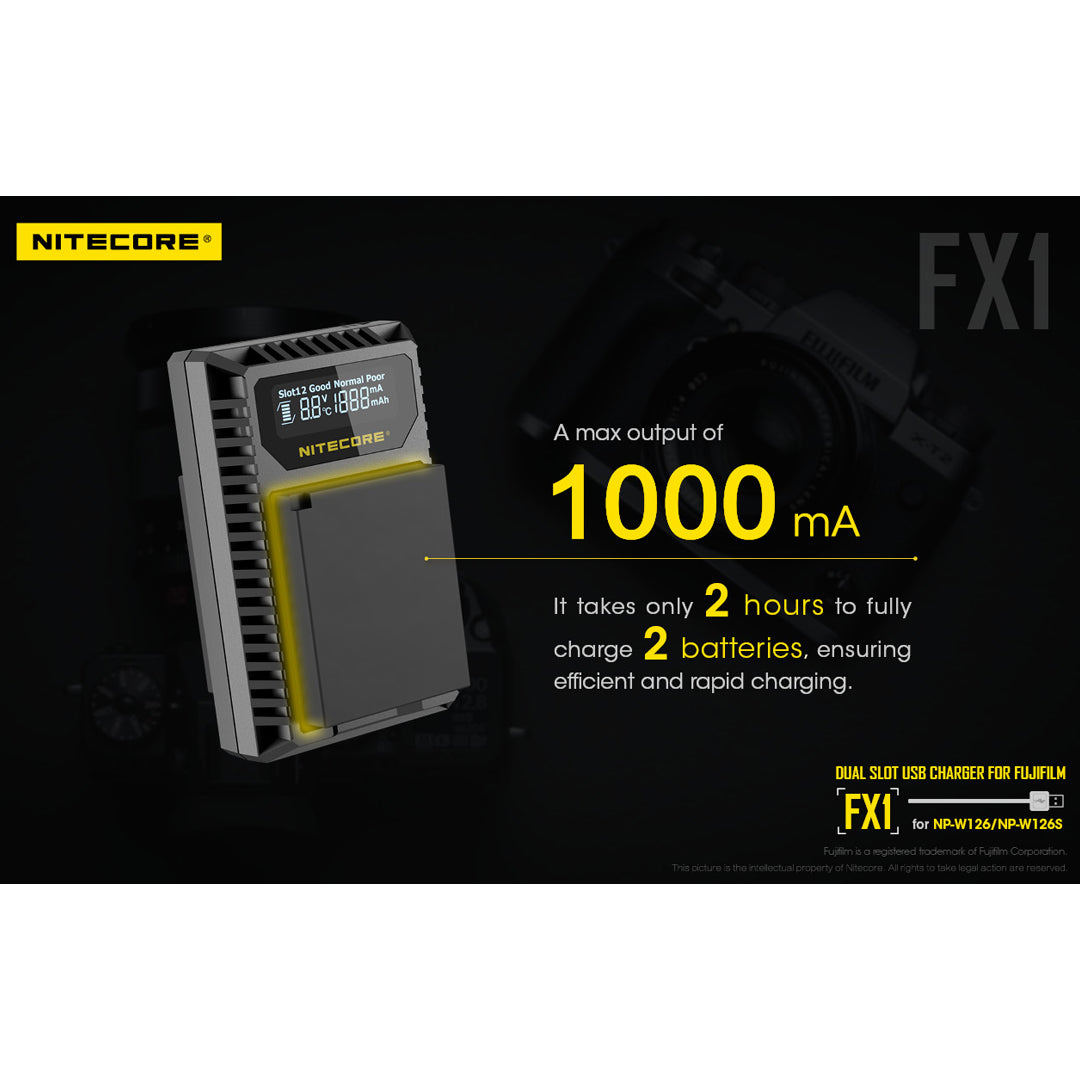 Nitecore FX1 Digital USB Travel Battery Charger for Fujifilm NP-W126 and NP-W126S Batteries