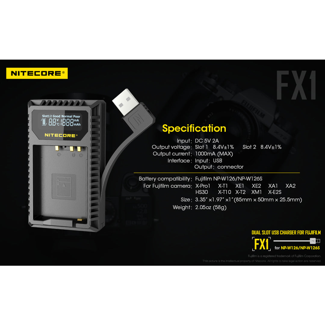 Nitecore FX1 Digital USB Travel Battery Charger for Fujifilm NP-W126 and NP-W126S Batteries