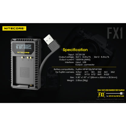 Nitecore FX1 Digital USB Travel Battery Charger for Fujifilm NP-W126 and NP-W126S Batteries