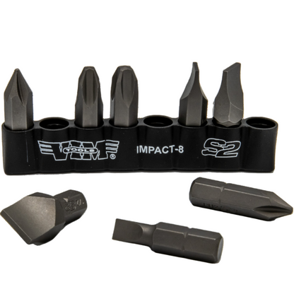 VIM Tools - Impact Quality S2 Bit Set, 8 pc Bits 5/16″ Hex bodies, 1.25″L, P1-P4 Phillips & Flat Tip
