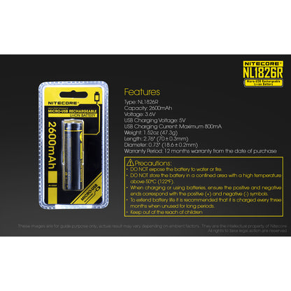 Nitecore NL1826R 2600mAh USB-C Rechargeable 18650 Battery