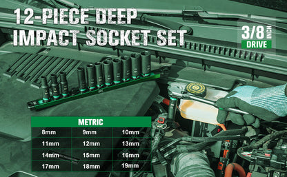 SK Tools USA - 3/8" Drive, 12 Piece, 6 Point, Metric Deep Impact Socket Set, #SK01351