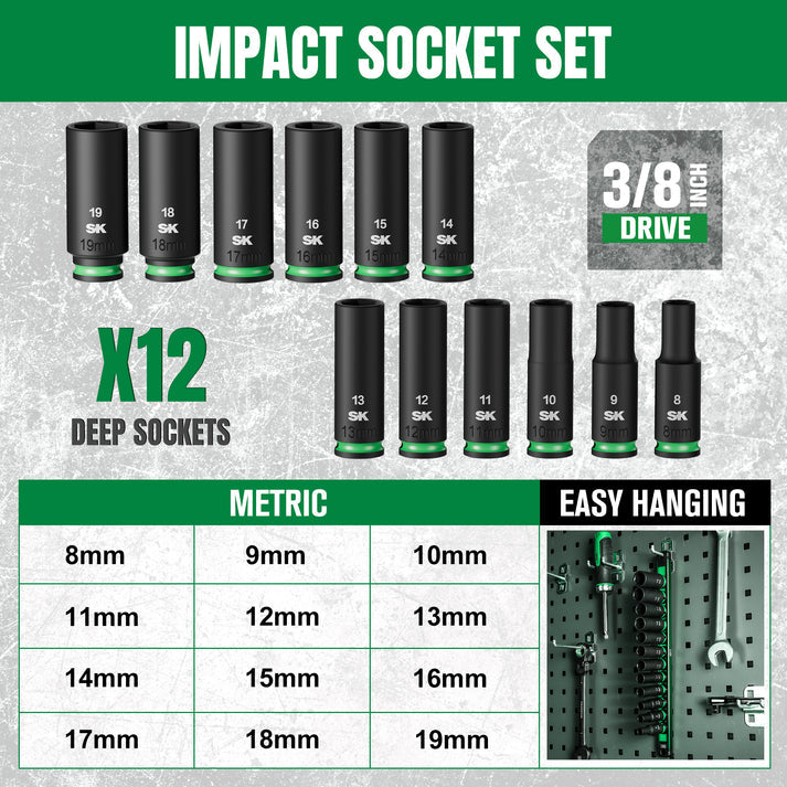 SK Tools USA - 3/8" Drive, 12 Piece, 6 Point, Metric Deep Impact Socket Set, #SK01351