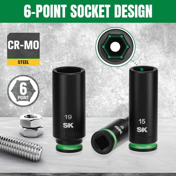 SK Tools USA - 3/8" Drive, 12 Piece, 6 Point, Metric Deep Impact Socket Set, #SK01351