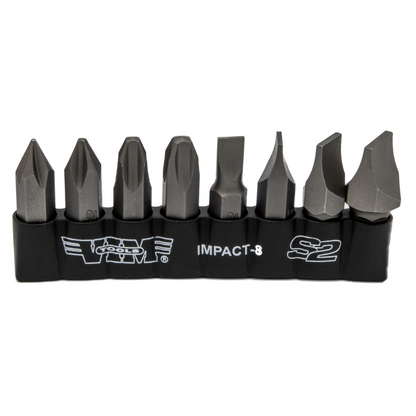 VIM Tools - Impact Quality S2 Bit Set, 8 pc Bits 5/16″ Hex bodies, 1.25″L, P1-P4 Phillips & Flat Tip