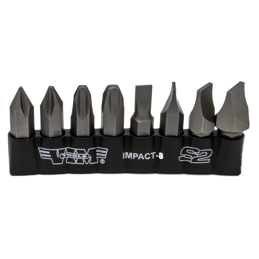 VIM Tools - Impact Quality S2 Bit Set, 8 pc Bits 5/16″ Hex bodies, 1.25″L, P1-P4 Phillips & Flat Tip
