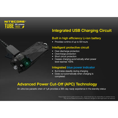 Nitecore TUBE v2.0 55 Lumen USB Rechargeable Keychain Flashlight - Available in Multiple Colors