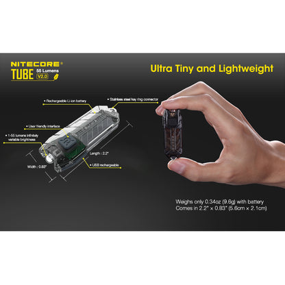 Nitecore TUBE v2.0 55 Lumen USB Rechargeable Keychain Flashlight - Available in Multiple Colors