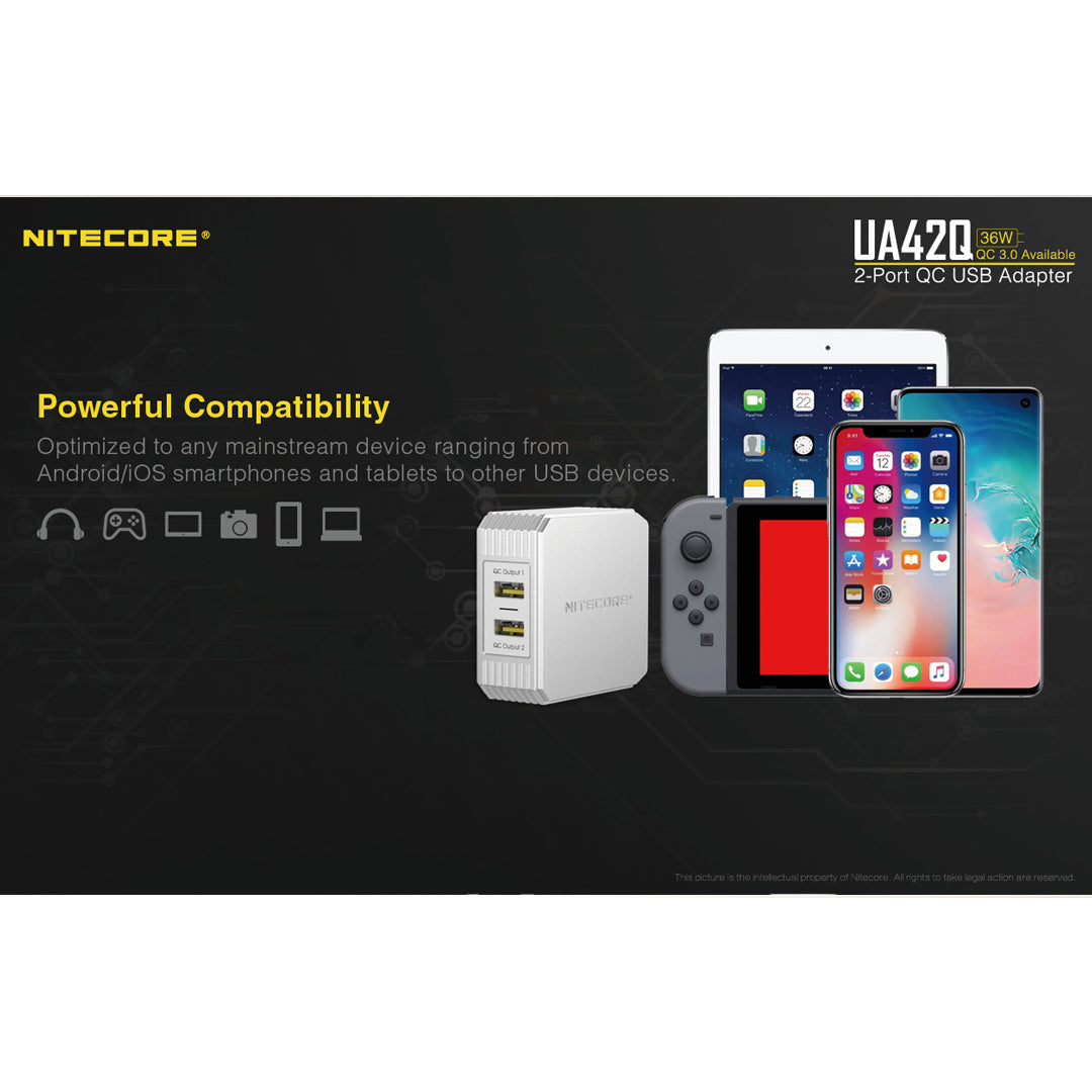 Nitecore UA42Q 2-Port QC USB 2.0 & 3.0 Power Adapter
