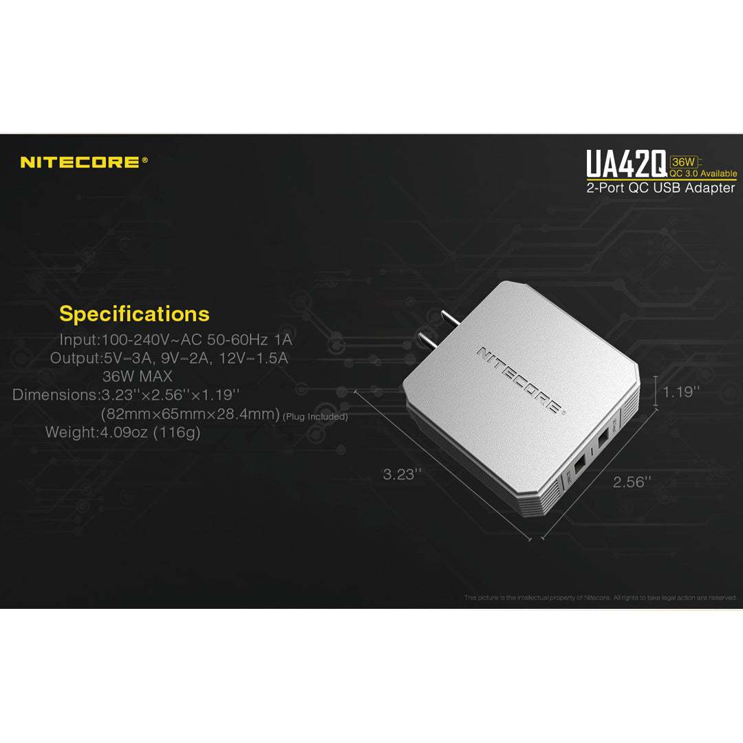 Nitecore UA42Q 2-Port QC USB 2.0 & 3.0 Power Adapter
