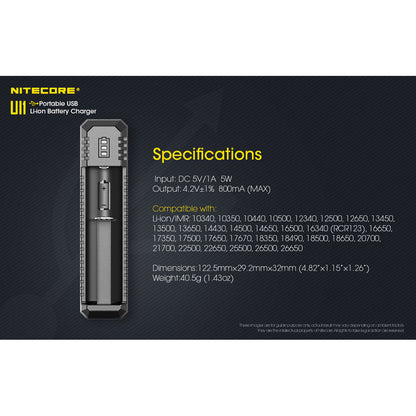 Nitecore UI1 USB Charger, for 18650, 21700, 18350, 20700 etc Batteries