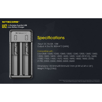 Nitecore UI2 Dual-Slot USB Charger, for 18650, 21700, 18350, 20700 Batteries