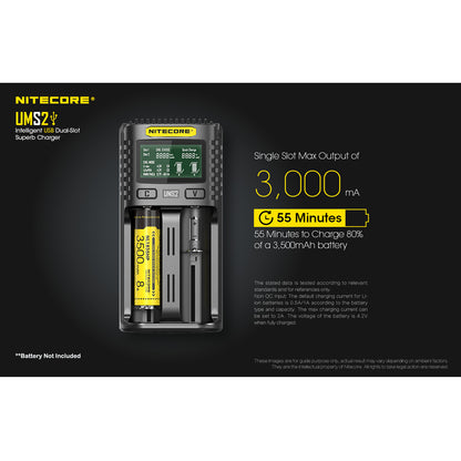 Nitecore UMS2 Dual-Slot USB-C Fast Charger, for 18650, 21700 batteries