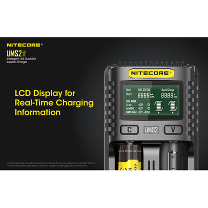 Nitecore UMS2 Dual-Slot USB-C Fast Charger, for 18650, 21700 batteries