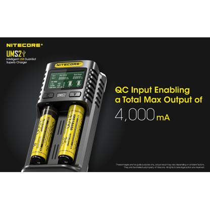 Nitecore UMS2 Dual-Slot USB-C Fast Charger, for 18650, 21700 batteries