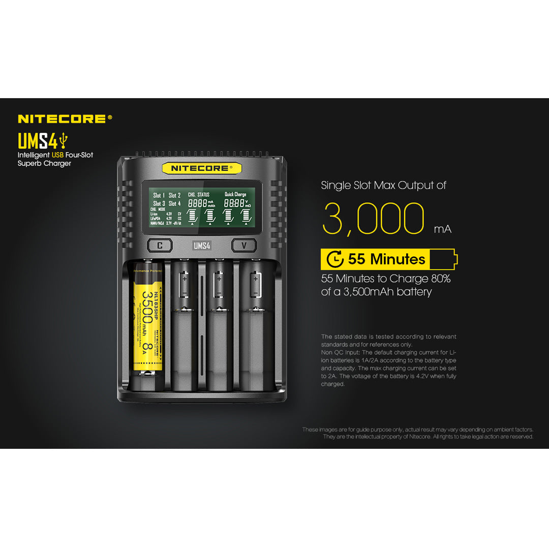 Nitecore UMS4 USB Four-Slot USB-C Fast Charger, for 18650, 21700 Batteries