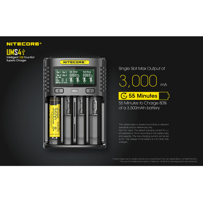 Nitecore UMS4 USB Four-Slot USB-C Fast Charger, for 18650, 21700 Batteries