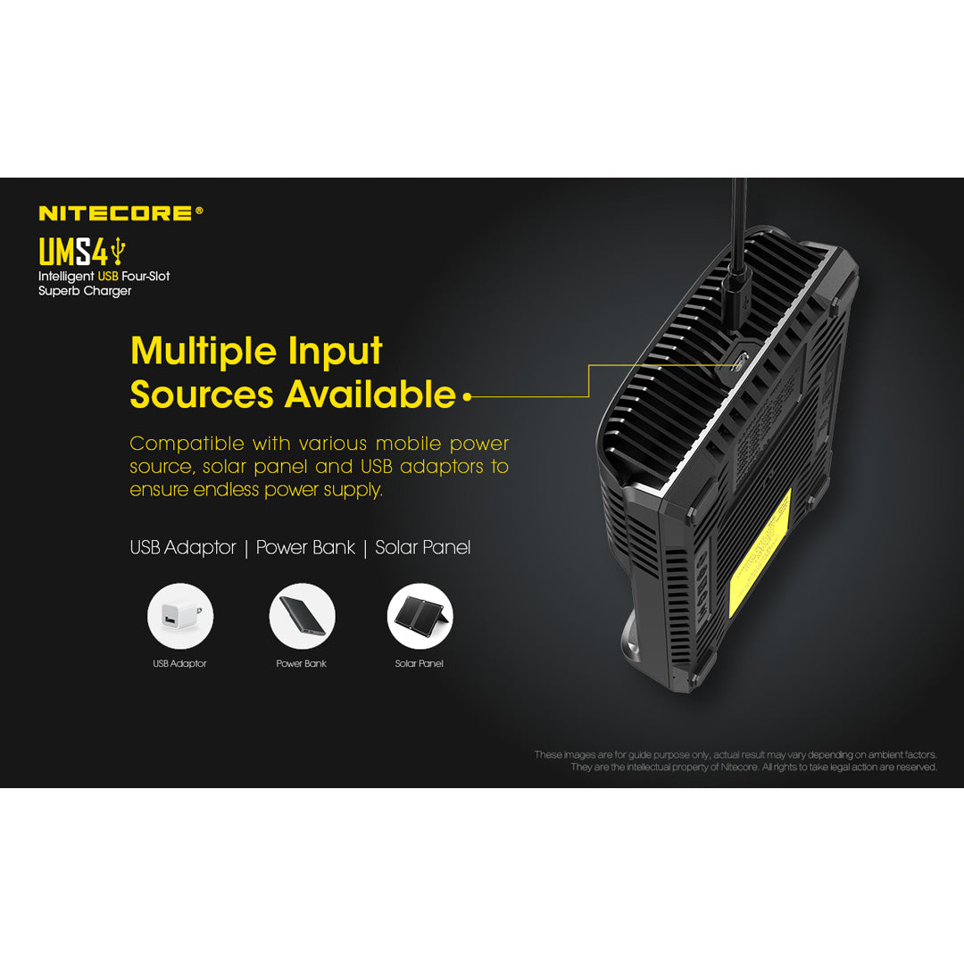 Nitecore UMS4 USB Four-Slot USB-C Fast Charger, for 18650, 21700 Batteries