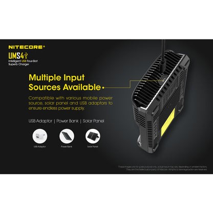 Nitecore UMS4 USB Four-Slot USB-C Fast Charger, for 18650, 21700 Batteries